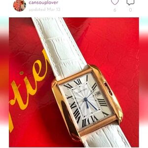 New Cartier Anglaise Lg Model 18k Gold Watch and White Leather/18k Cartier Band